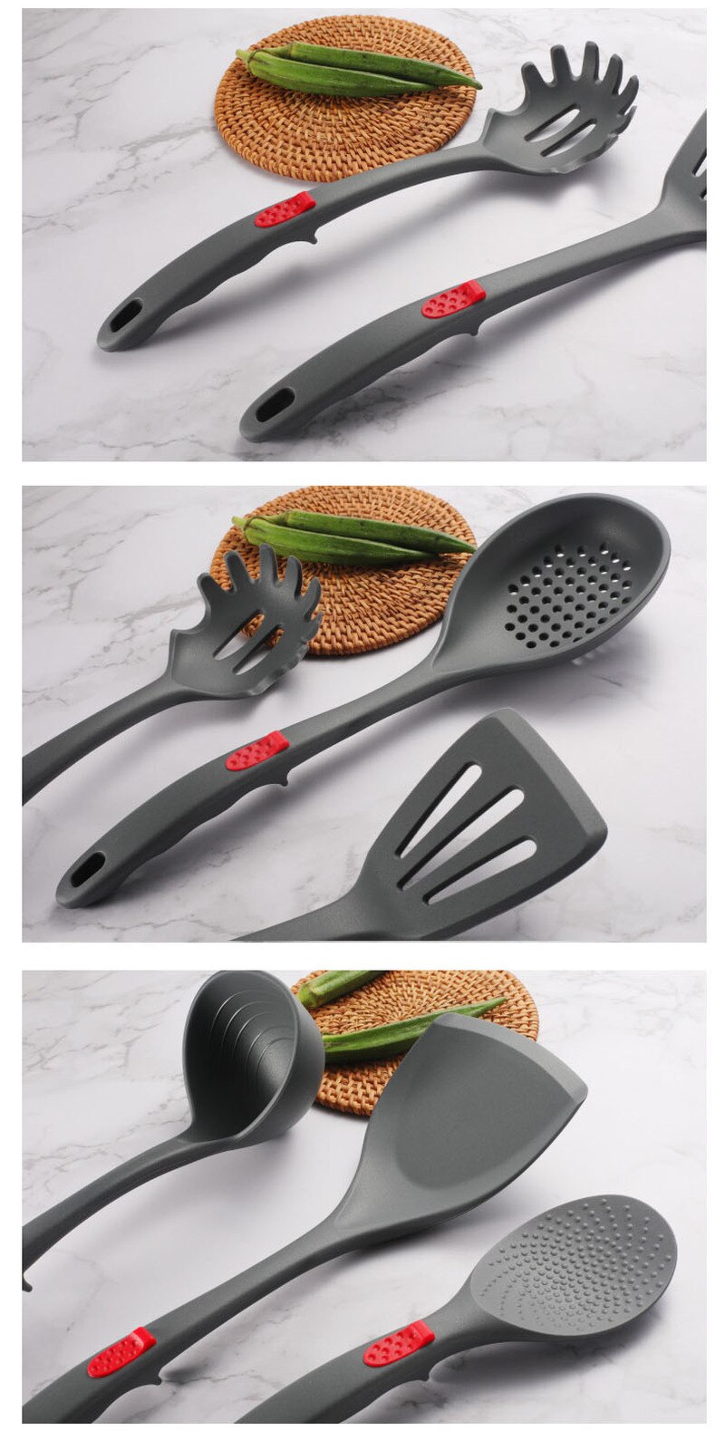 Espátula de silicona explosiva, juego de utensilios de cocina de silicona, colador, cuchara de arroz, cuchara de sopa, juego de utensilios de cocina de silicona de siete piezas