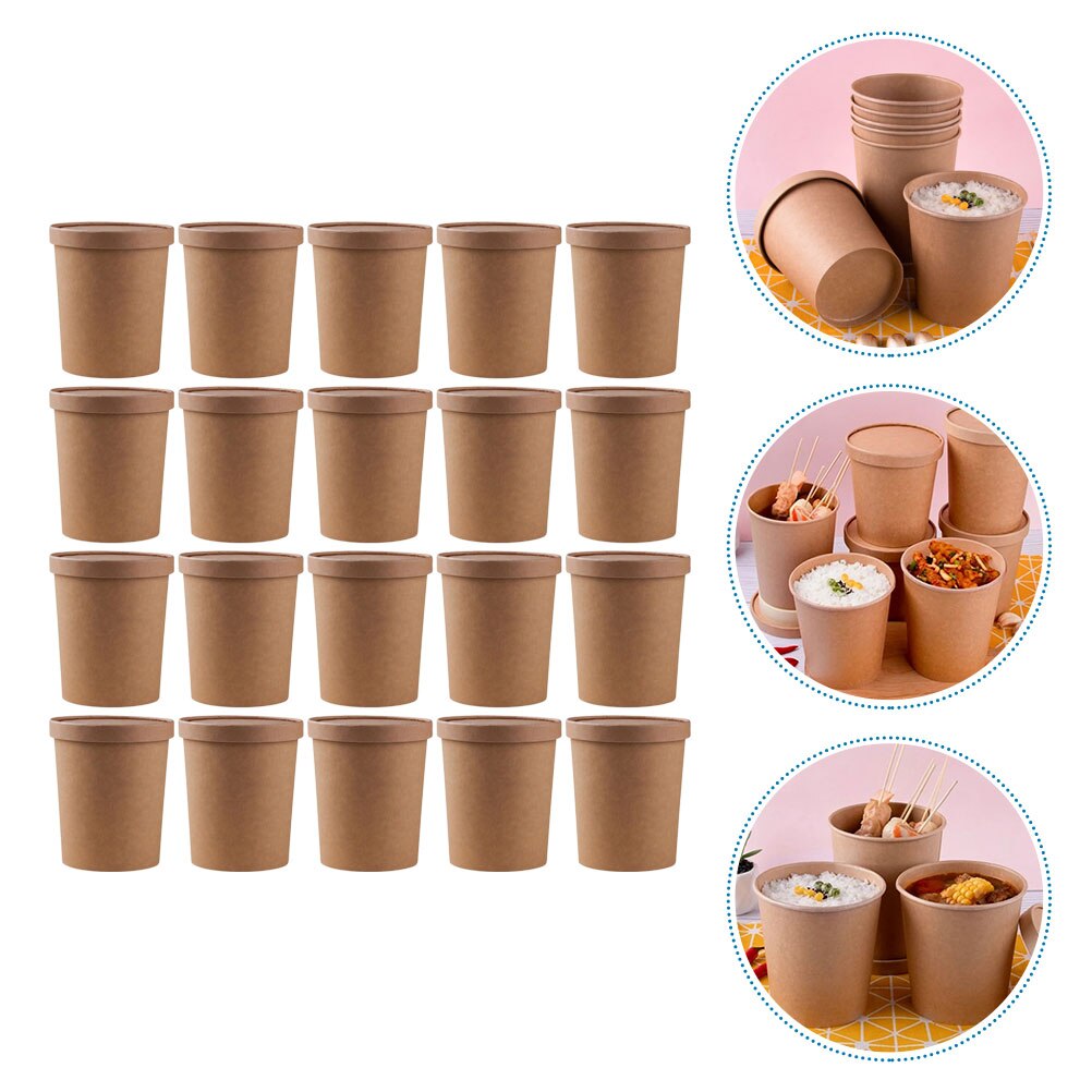 25 Sets Kraft Paper Packing Cups Porridge Cups Takeaway Boxes Waterproof Paper Cups