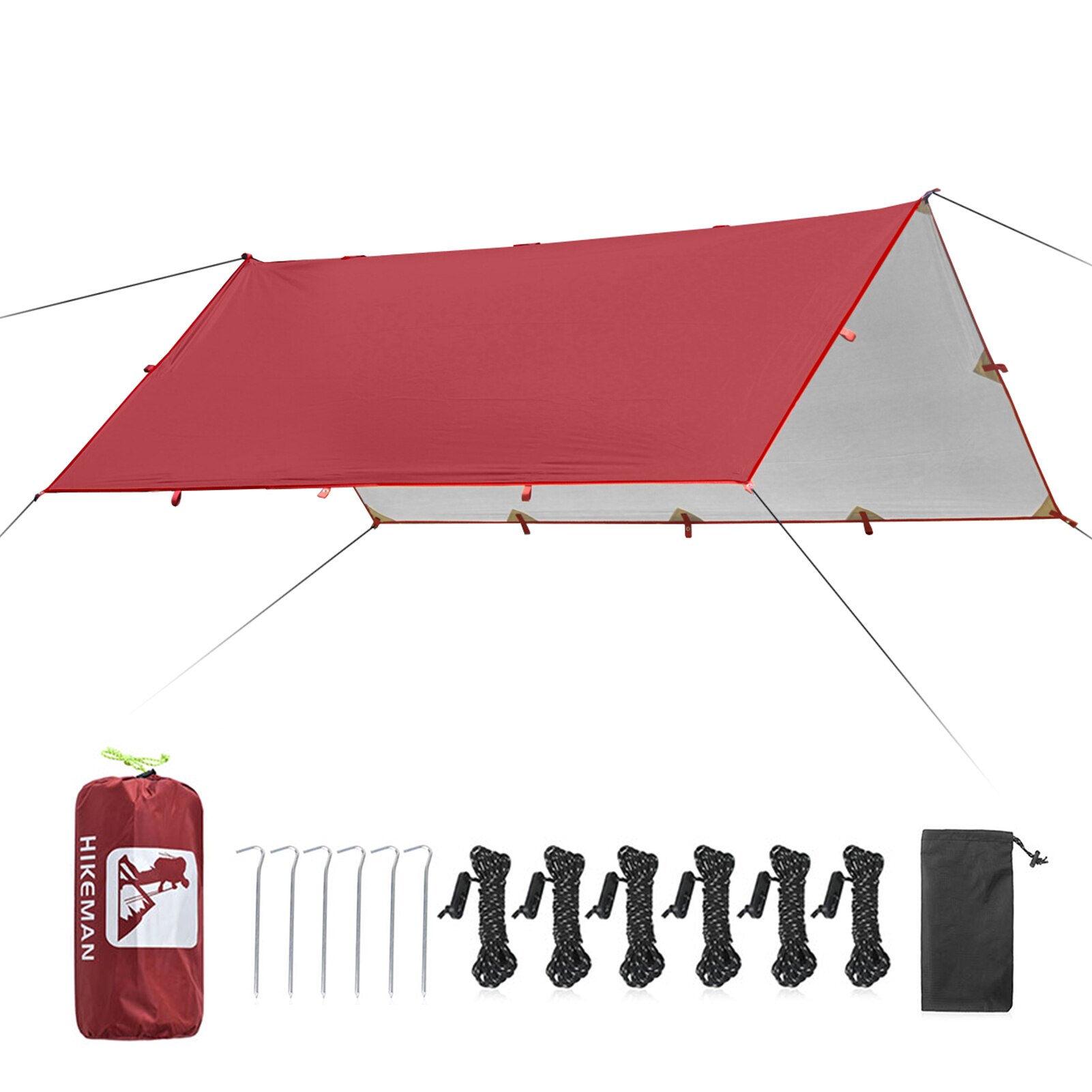 3.2X3M Luifel Waterdicht Tarp Tent Schaduw Vouwen Camping Luifel Ultralight Strand Zon Onderdak Versterkte Stiksels Zilveren Coating: Wine red with Pegs