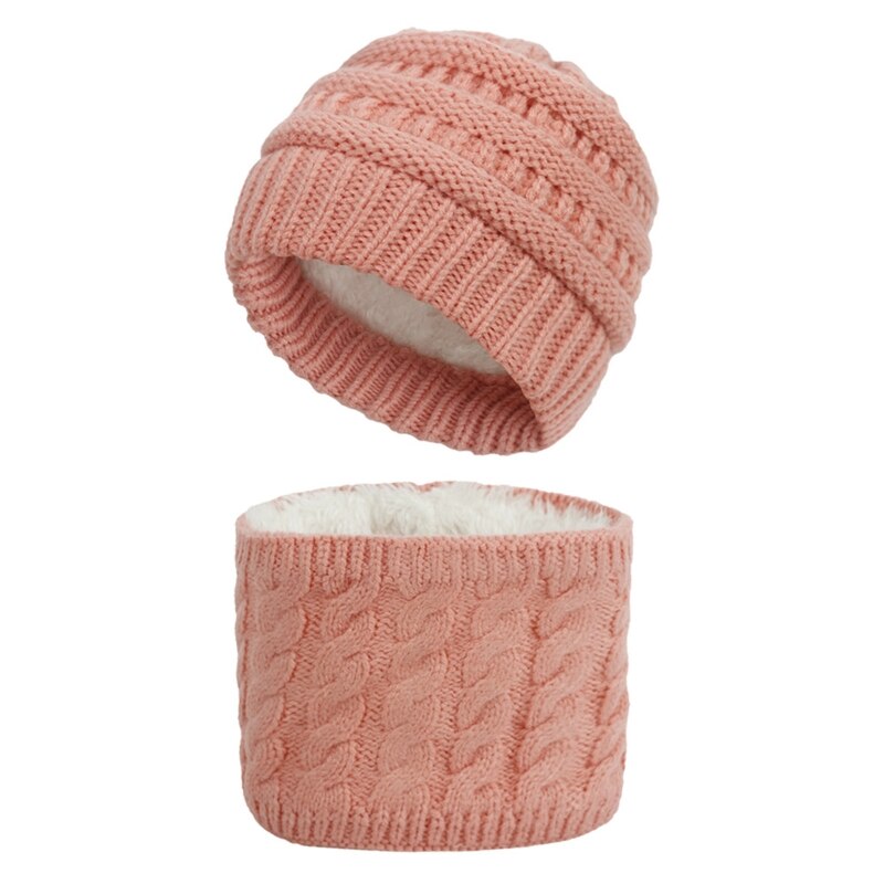 Newborn Baby 2Pcs Winter Beanie Hat Scarf Set Cable Knit Fleece Lined Skull Cap: Flesh Pink