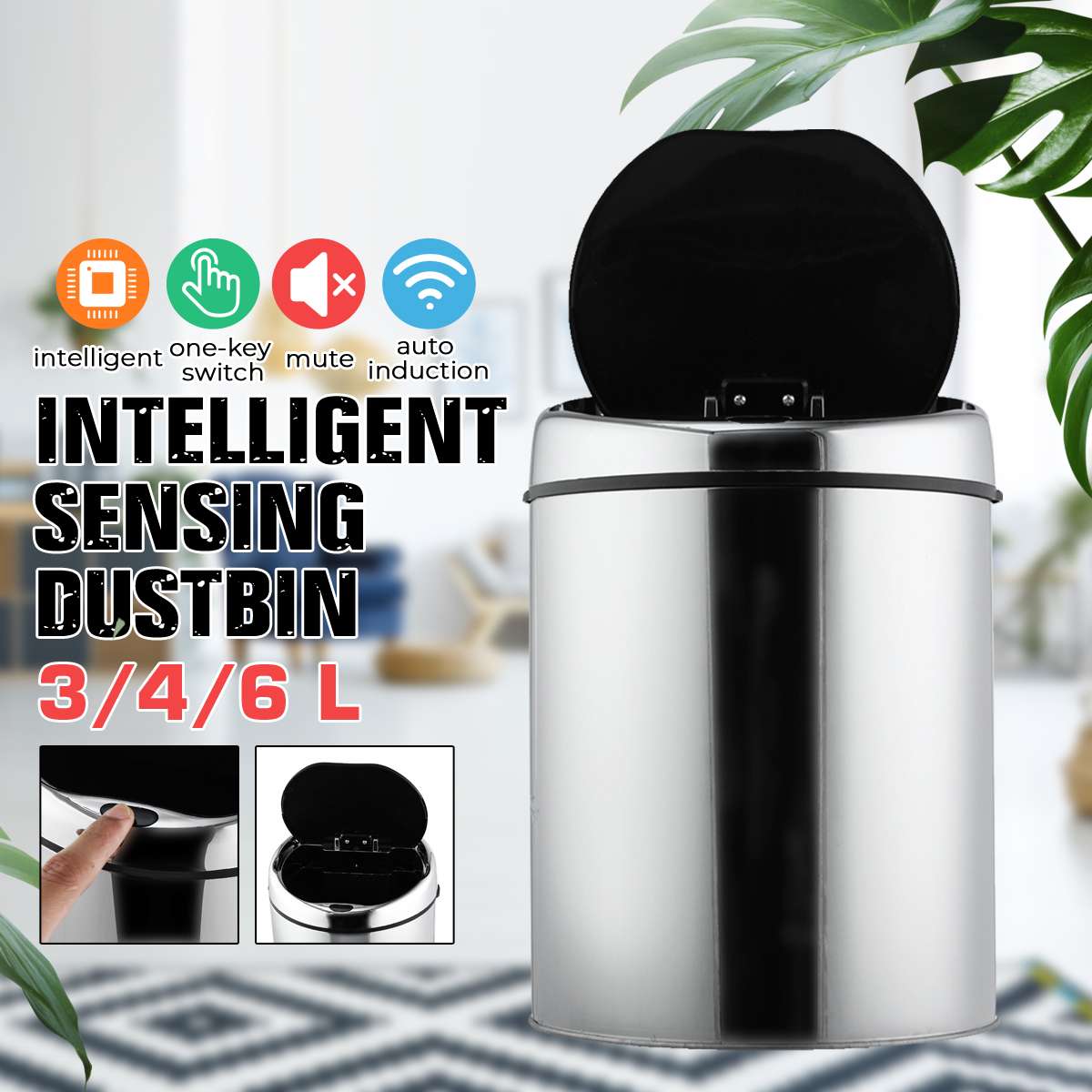 3/4/6L Stainless Steel Electronic Dustbin Touchless Trash Recycle Motion Sensor Automatic Waste Bins USB Charge Kitchen Trash