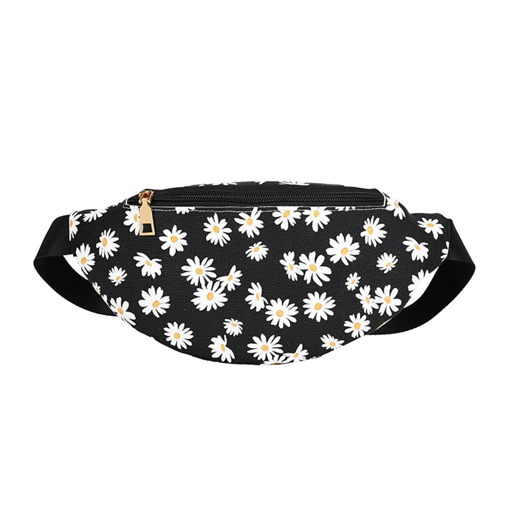 Bolsa de cintura feminina margarida impressão pacote de cintura em forma de bolinho ajustável saco de peito feminino bolsa de cinto de viagem sacos de banana fanny: Black