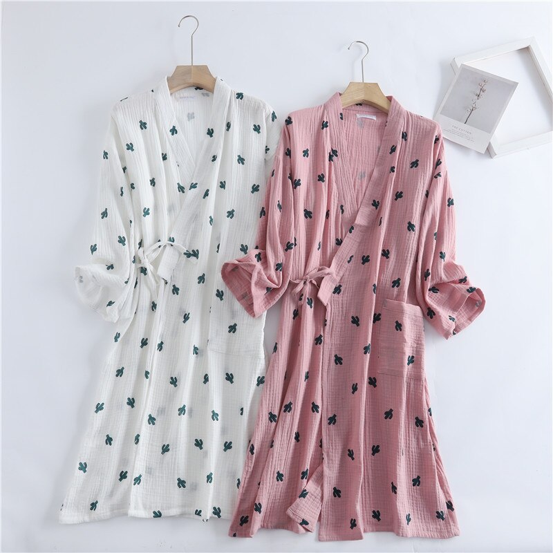 Autumn Women&#39;s Cotton Kimono Robe Cactus Print Long Robes Women Sleepwear Women&#39;s Home Clothes Gown for Women