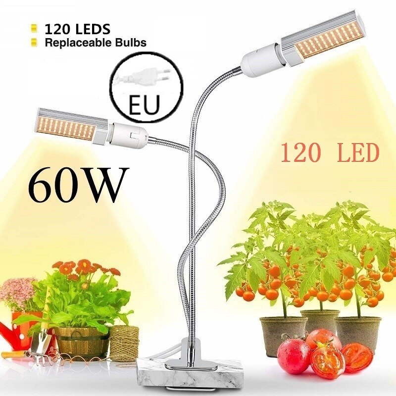 LED Plant Grow Lights Sunlike Full Spectrum 45W 50W 60W E27 Dual Head Flexible Gooseneck for Greenhouse flower Phyto lamp EU/US: 60W with EU Plug