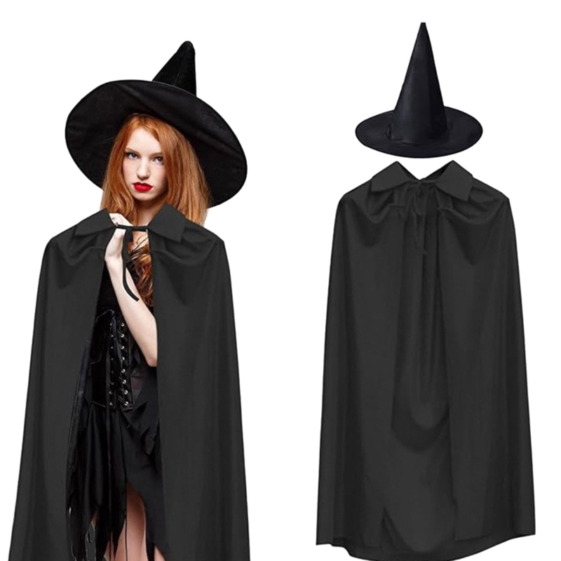 Mantello nero Cosplay Mantello lungo medievale Festa di Halloween Donna Uomo Adulto Lungo mago Stregoneria Wicca Abito cappello set Costume da strega