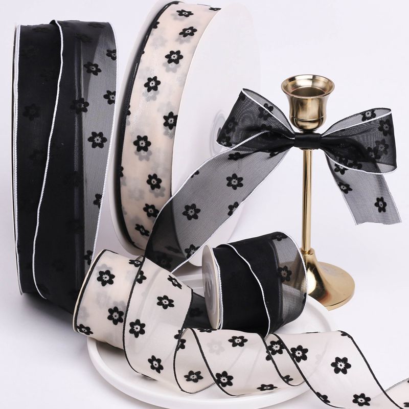 Cinta de gasa Floral flocada para el pelo, accesorios artesanales hechos a mano, Material YM2022031605, 10 yardas, 38MM