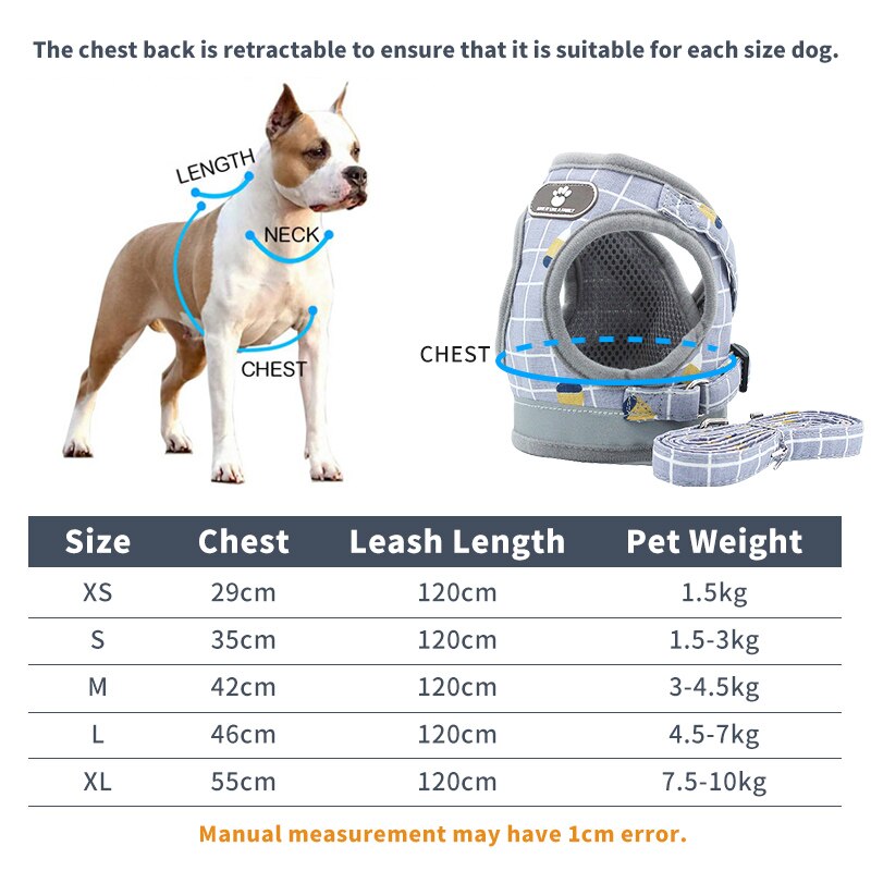 Dog Harness with Leash Adjustable Vest Walking Supplies Soft Breathable Plaid Collar Pet Accessories for Small Medidum Large Dog