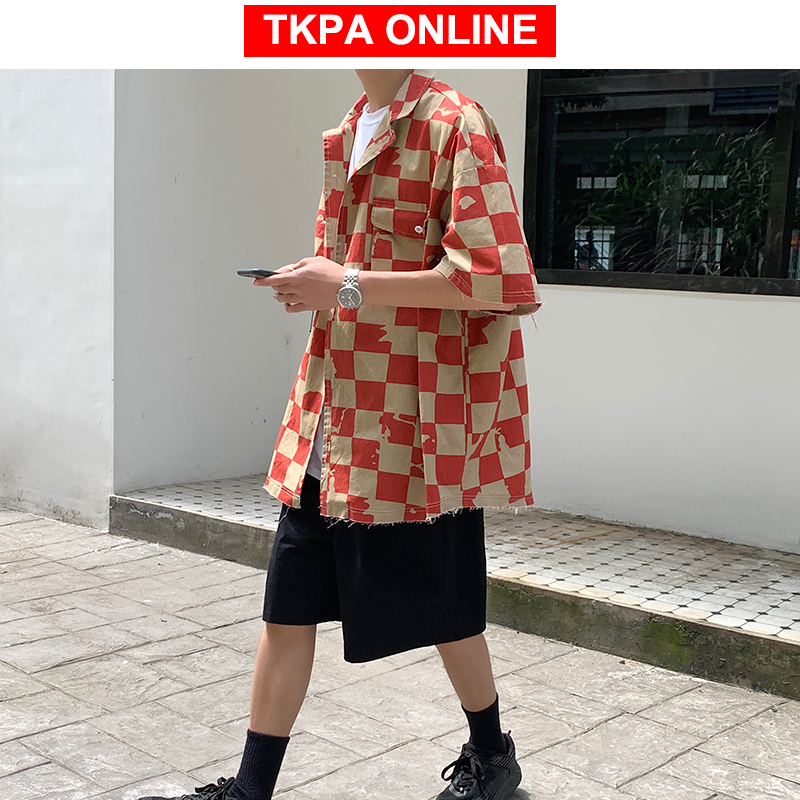 Los hombres coreano a cuadros camisas de manga corta de Verano de las mujeres Harujuku blusas ropa informal japonesa Hip Hop abotonada camisas