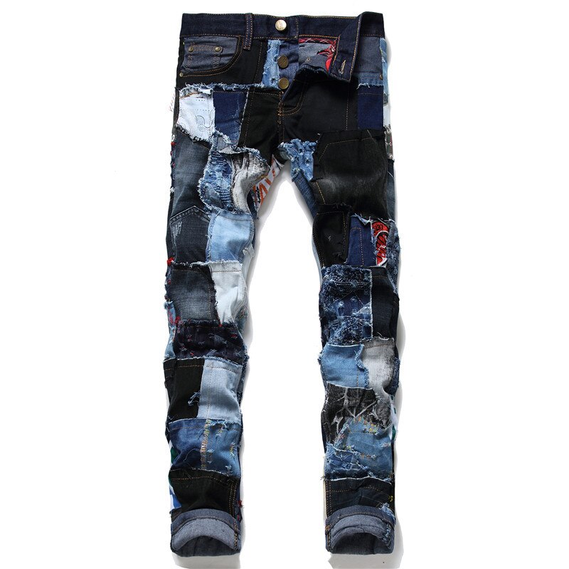 Jeans rasgado botão de ajuste reto masculino destruído retalhos punk hip hop moda algodão denim calças dropshipping
