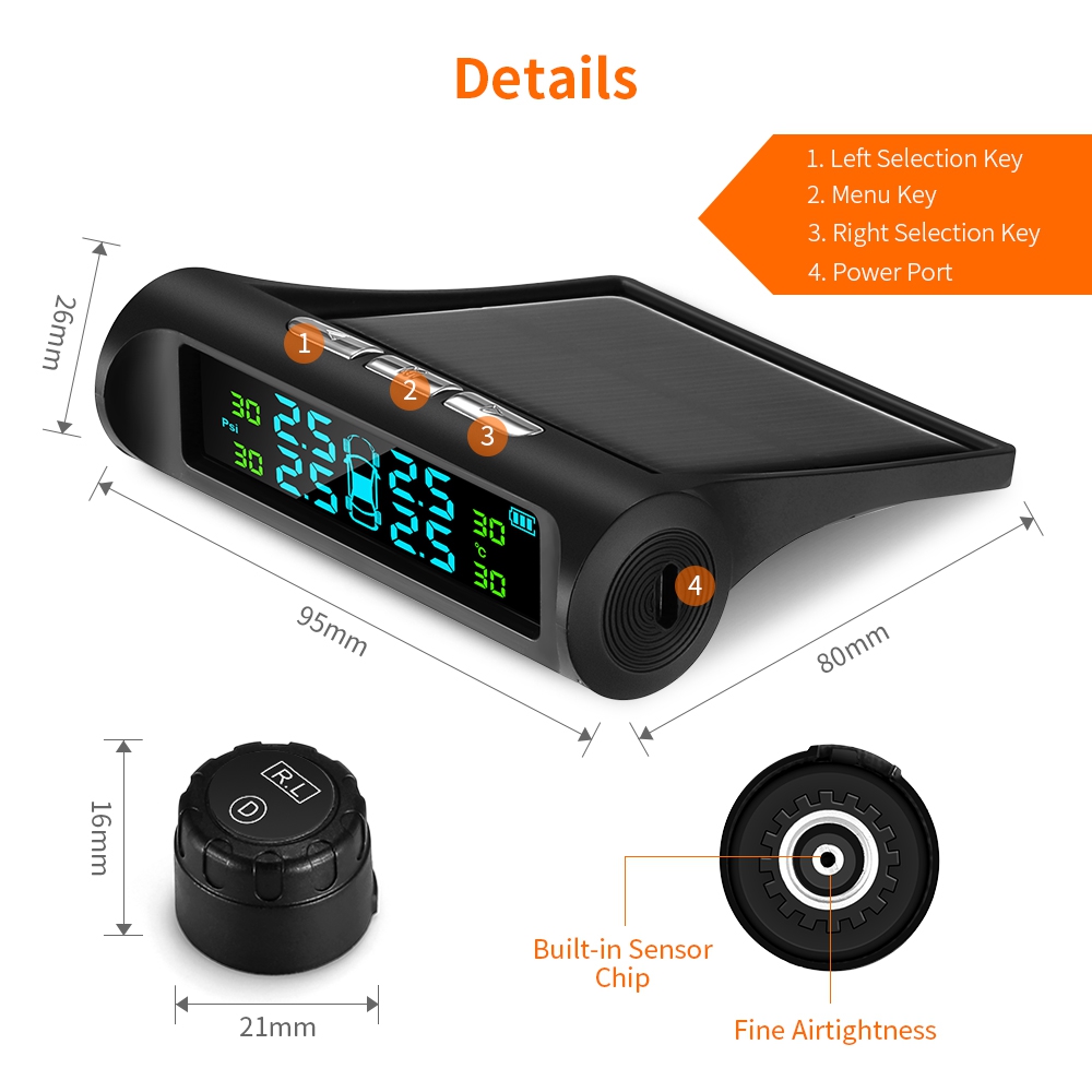 Solar Charging Car TPMS Tire Pressure Monitoring System HD Digital LCD Display Auto Alarms Wireless With 4 External Sensors TPMS