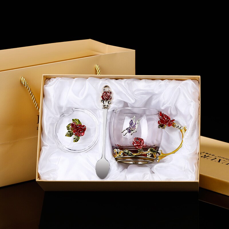 Glass Coffee Mug Tea Cup Enamel Crystal Flower High-grade Handgrip for Lover Wedding R2078: Red Set 1