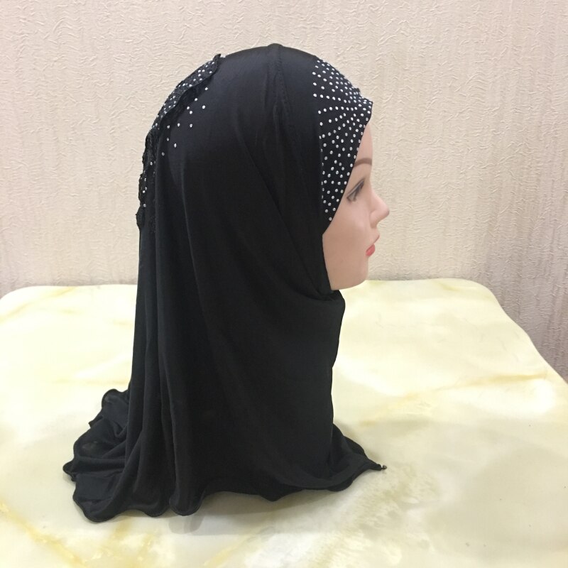 H003 fit 2-7 lat mała dziewczynka hidżab kapelusze z koronką muzułmańska chusta islamska chustka na głowę kapelusz amira pull on headwrap: black
