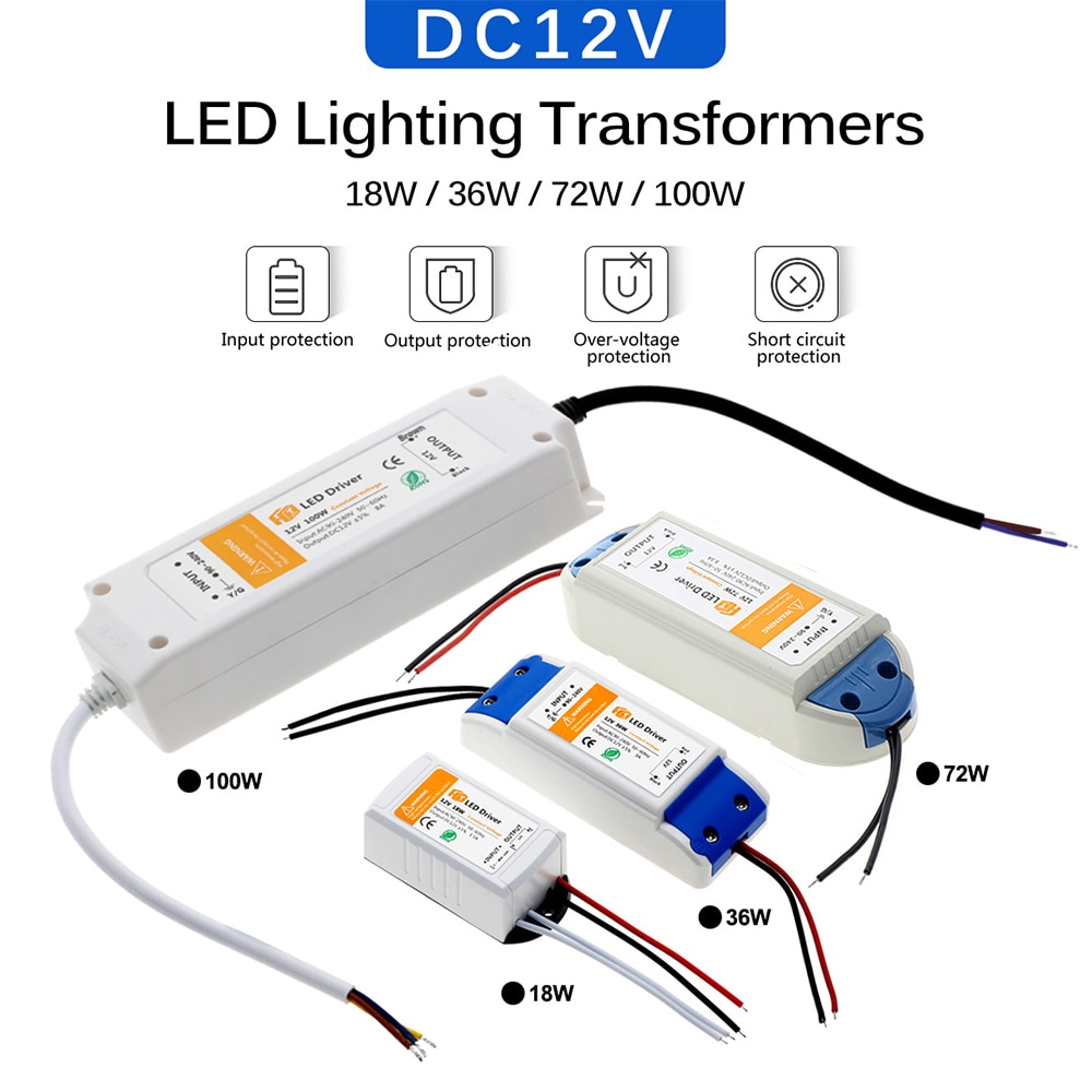 Dc 12v led driver 18w 36w 72w 100w lys transformatorer led driver til led strip lys 12v strømforsyning adapter