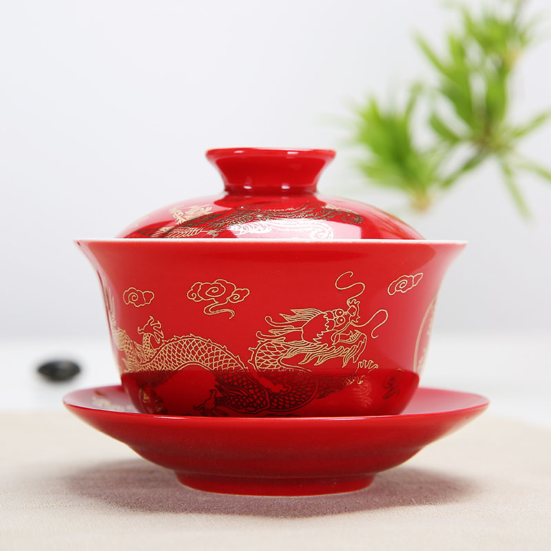 Kinesisk testel drage og føniks bryllup rød gaiwan keramisk testel terrin jingdezhen porcelæn te låg skål spisestel kopper