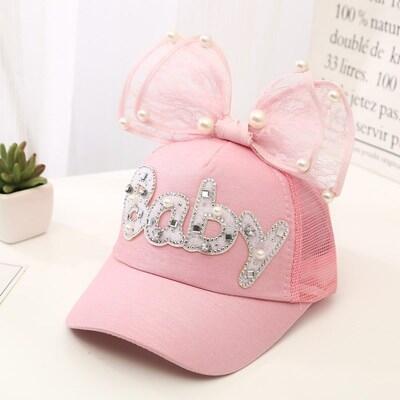 Cute Big Bow Girls Snapback Baseball Cap Children Mesh Hat Spring Summer Adjustable Snapback Casquette Kids Baby Pearl: Net cap pink