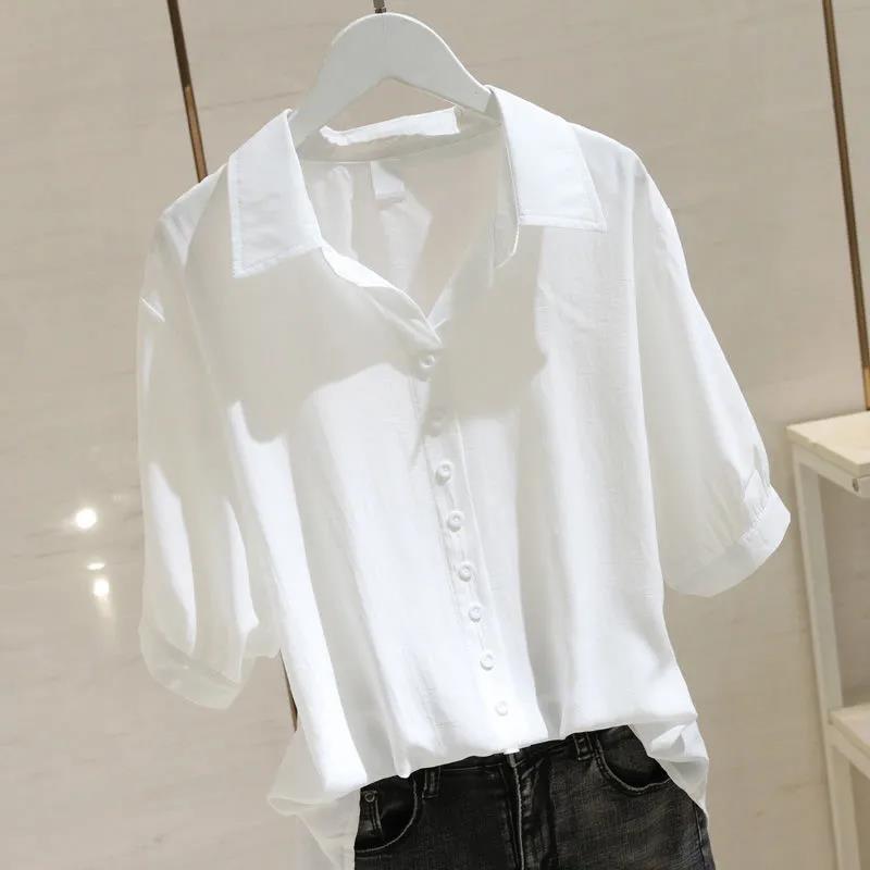 Summer Korean Solid Lapel Buttons Simple Oversized Short Sleeve Shirt Female Loose Casual Fruit Green Blouse Blusas