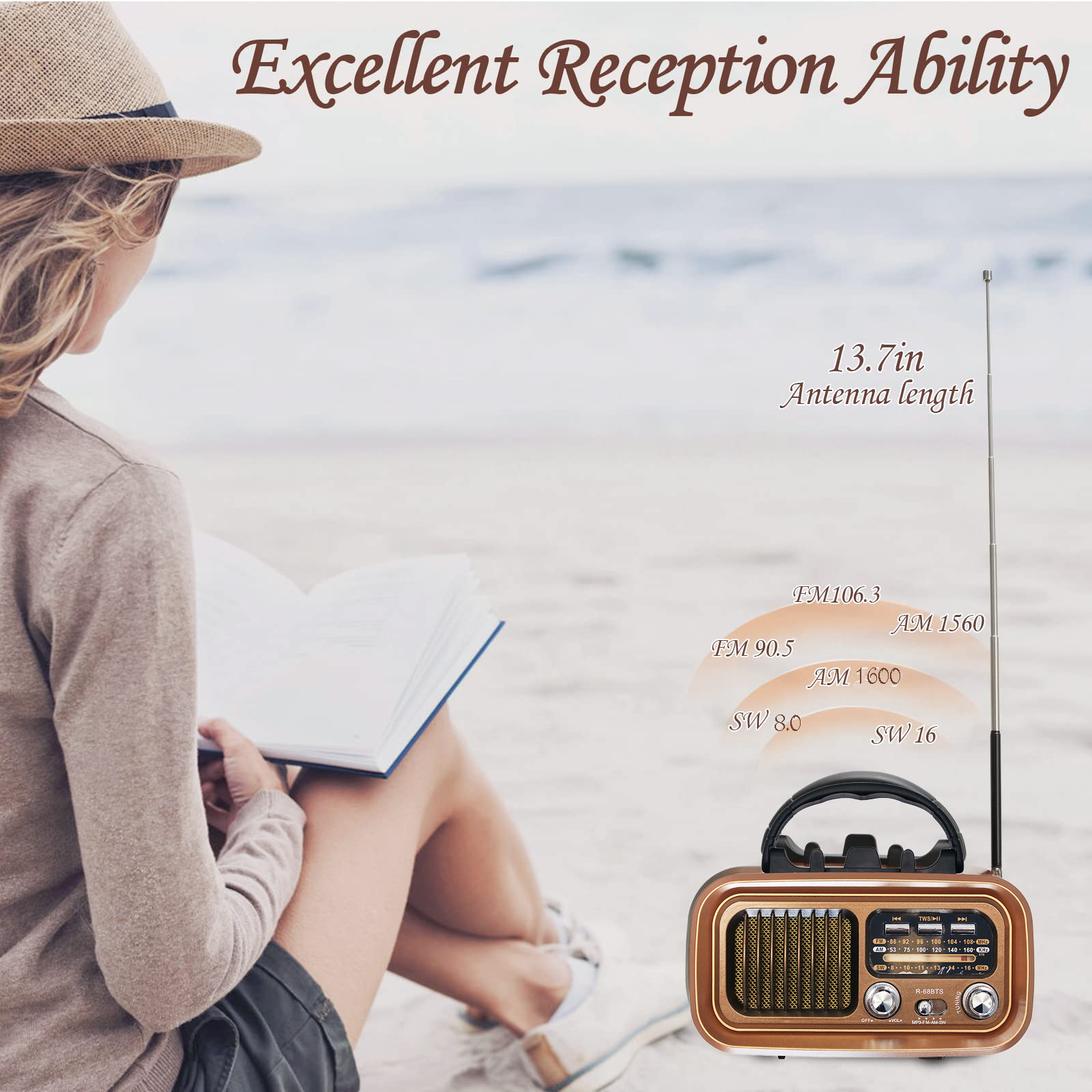 Tragbares DSP-Radio, klassische Vintage-FM-AM-SW-Radios, kabelloser Retro-Solar-Bluetooth-Lautsprecher, USB-Musik-Player, abnehmbarer Akku