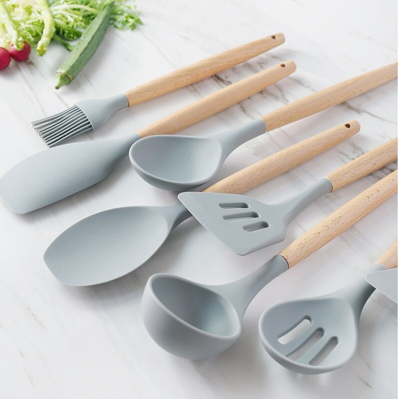 Beukenhout Gebruiksvoorwerp Serveren Spaghetti Sleuven Spatel Siliconen Koken Lepel Set Met Houten Lange Handvat Houder Voor Keuken