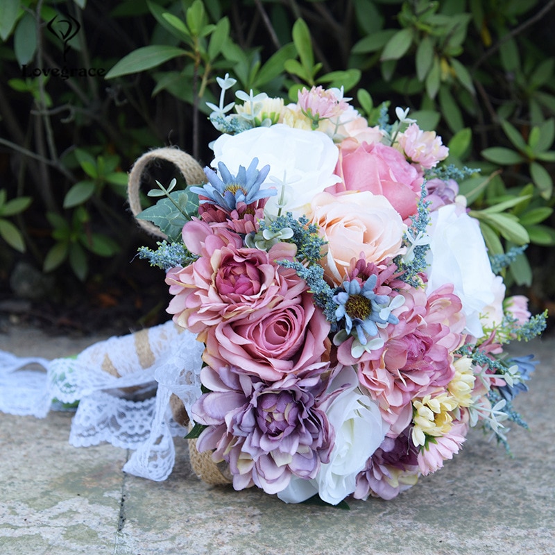 Lovegrace brudbukett bröllopsros blomma rosa blå bohemisk romantisk blombukett konstgjord siden dahlia bröllopsbuketter