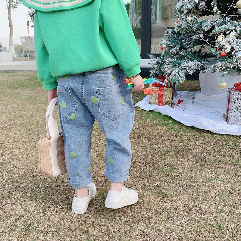 Efterårs koreansk stil baby pige jeans børne denim bukser børn elsker print cowboy bukser børn bukser jeans: Grøn / 24m