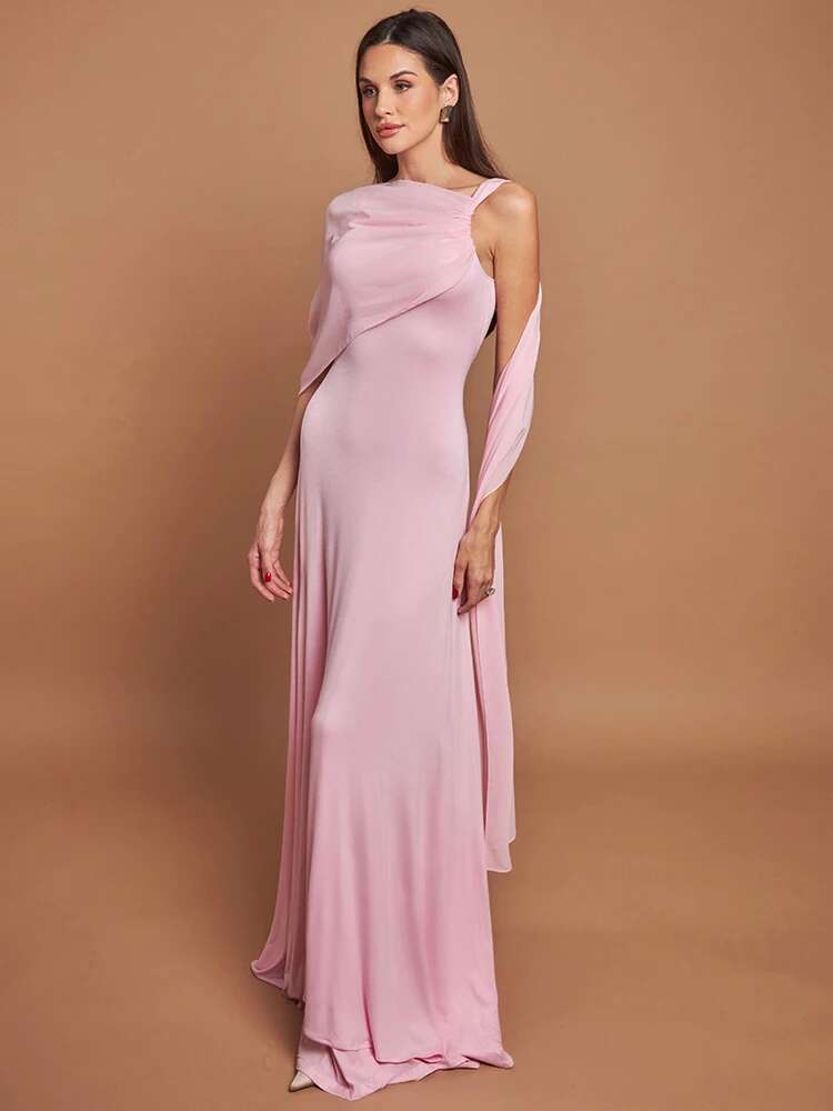 Mozision rosa cape-ärm sexig maxiklänning för kvinnor off shoulder rygglös klänning sned krage snörning lång klänning vesti