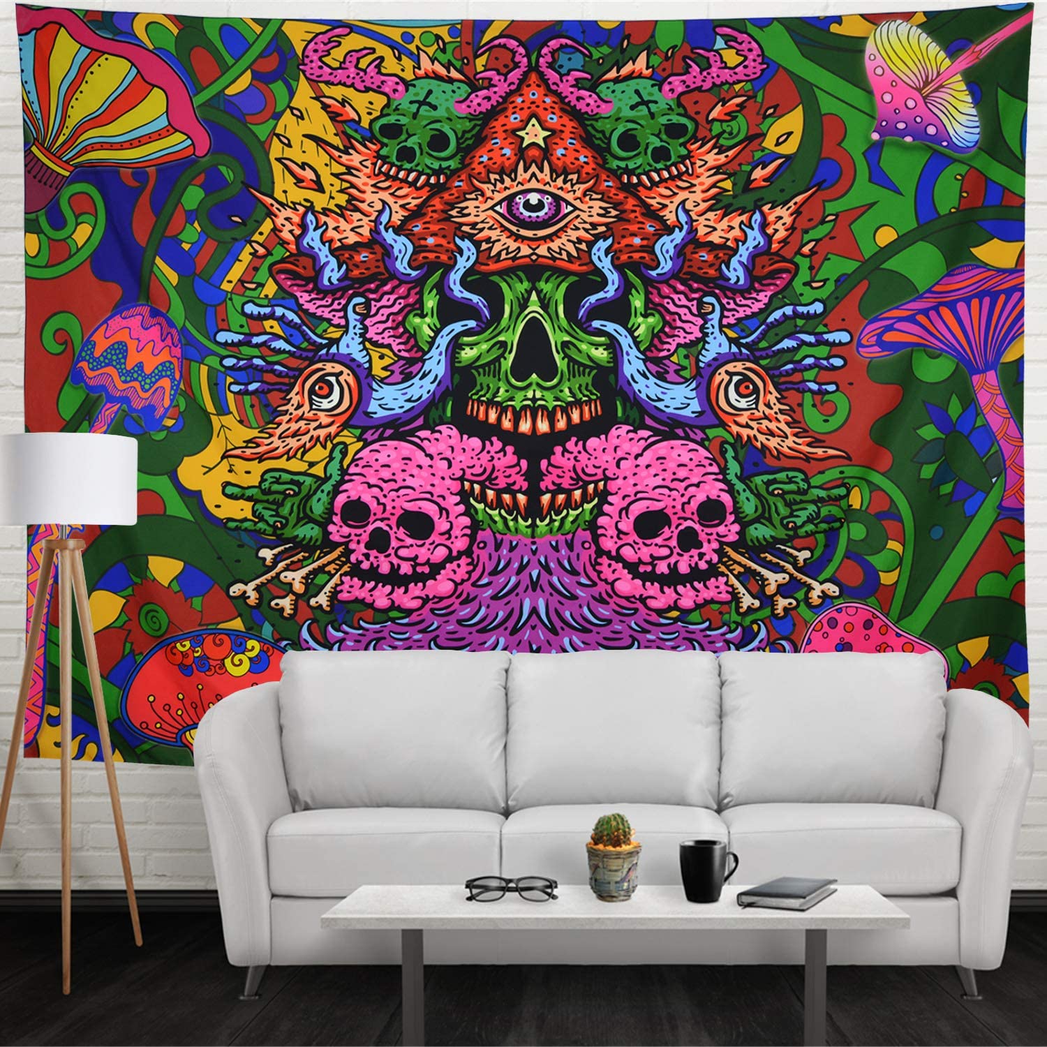 Skull Tapestry Trippy Mushrooms Tapestry Fantasy Fractal Tapestry Bohemian Hippie Tapestry Wall Hanging for Room 3 Size