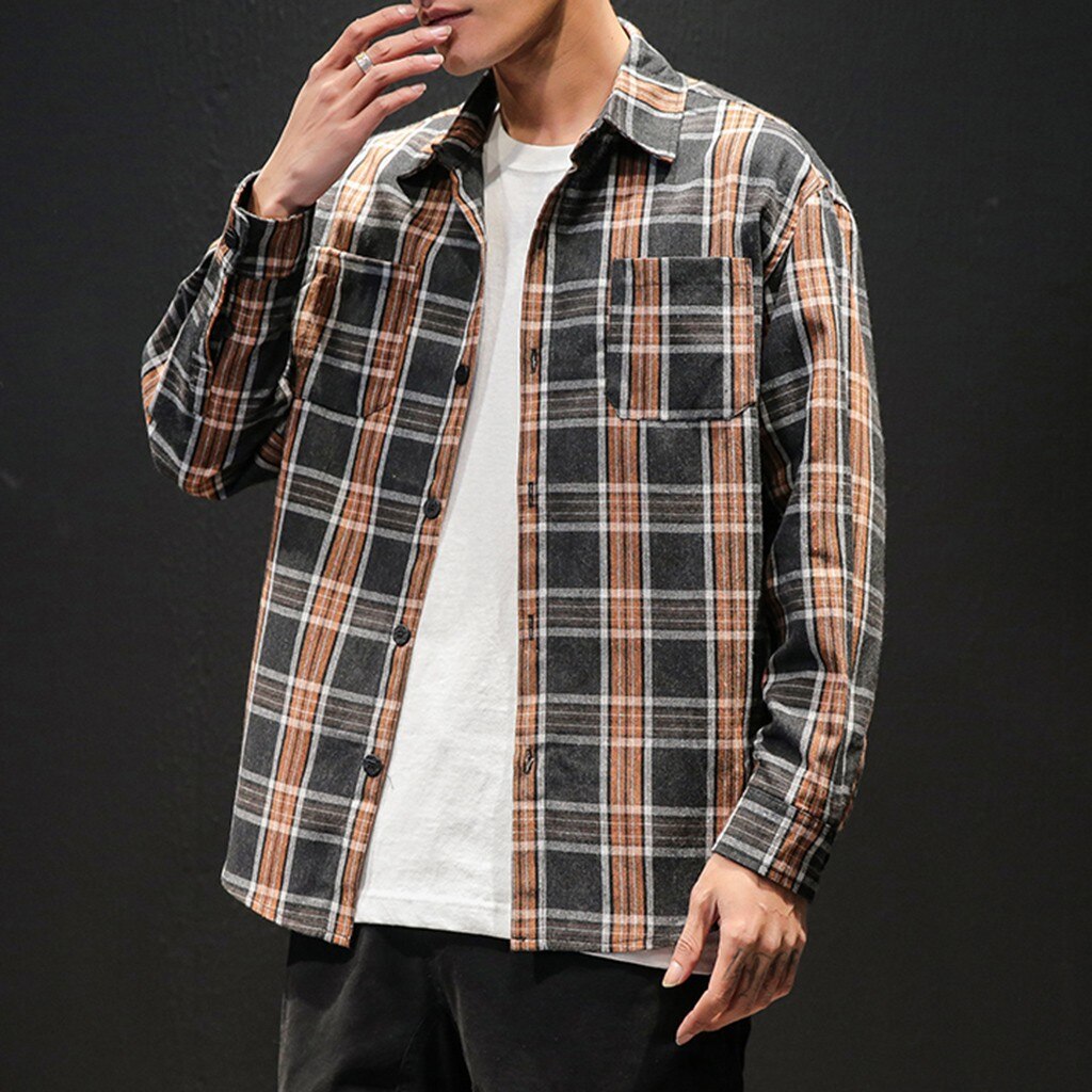 Herr rutiga skjortor i stil man blå brun rutiga långärmade skjortor herr oversized topp skjorta plus size bekväma