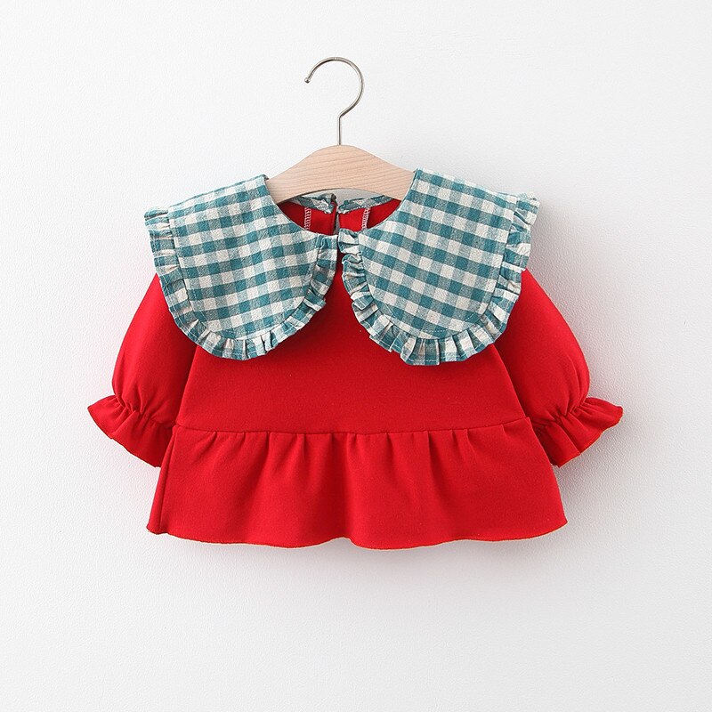 Otoño, Camiseta de algodón con cuello de solapa a cuadros de manga larga para niñas pequeñas, camisetas informales para niños: Rojo / 12 meses