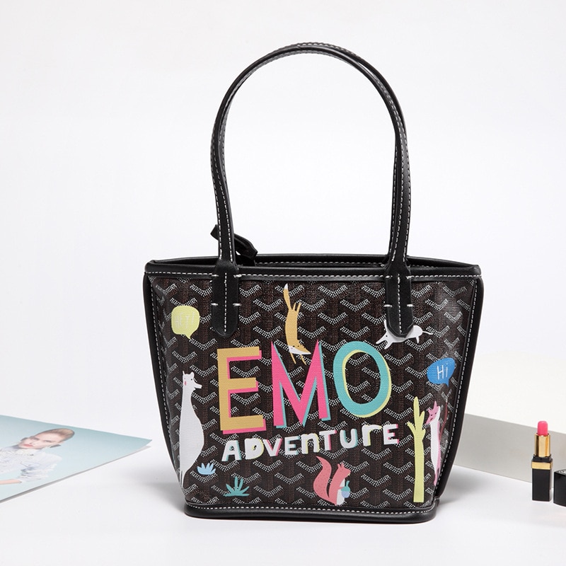 EMO-Bolso grande de hombro con dibujo de perro para mujer, bolsa con grafiti, informal, PU, novedad de: Black