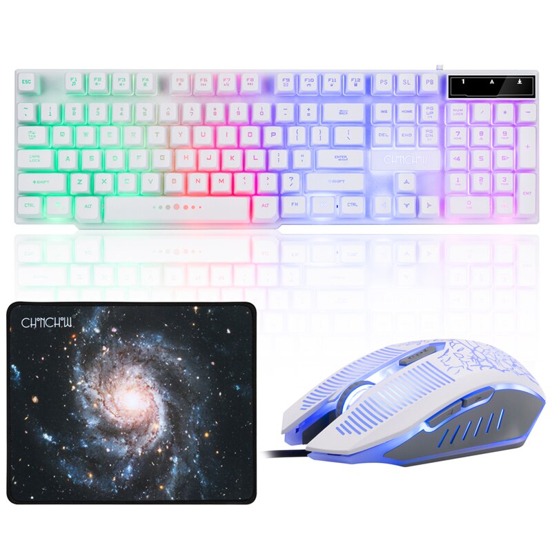 Gaming tangentbord och mus combo led andning bakgrundsbelyst usb trådad full key färgglad mus 3200 dpi mekanisk känsla: Vit