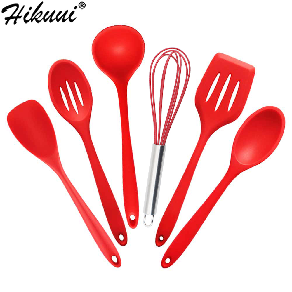 Utensilios de cocina de silicona de grado alimenticio, utensilios de cocina de nailon para cuchara, espátula, cucharón, batidores de huevos, 6 unids/set por juego