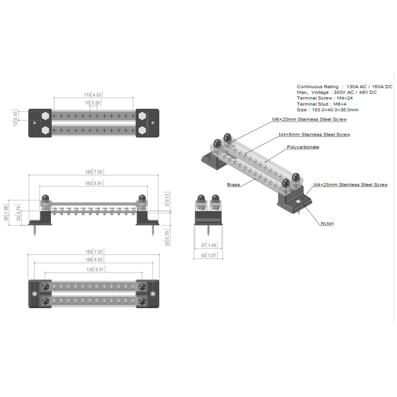 Dubbla rader 12 positioner plint 130a/150a samlingsskena block & kåpa för bilkraft distribution plint 24 skruvar  + 4 bultar