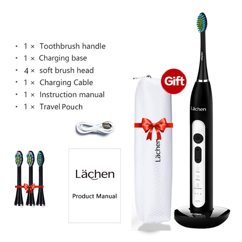 Lachen T8B Powerful Sonic Electric Toothbrush 9 Modes Rechargeable Adult Tooth Brush 2 Min Timer Toothbrushing w/ Charging Base: Black
