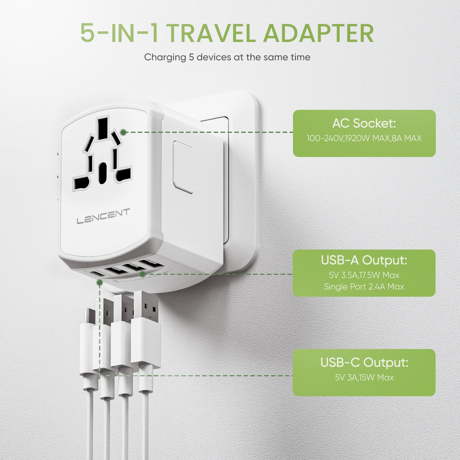 LENCENT Universal-Reiseadapter mit 3 USB-Anschlüssen und 1 Typ-C-Wandladegerät, All-in-One-Reiseladegerät für US-, EU-, UK- und AUS-Reisen