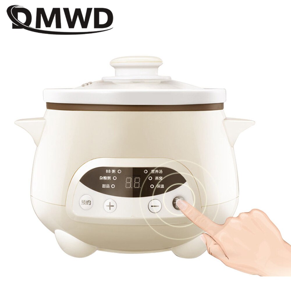 DMWD Household Electric Stewing Pot 1.2L Soup Pot Mini Slower Cooker Porridge Casserole White Porcelain Liner Breakfast Machine