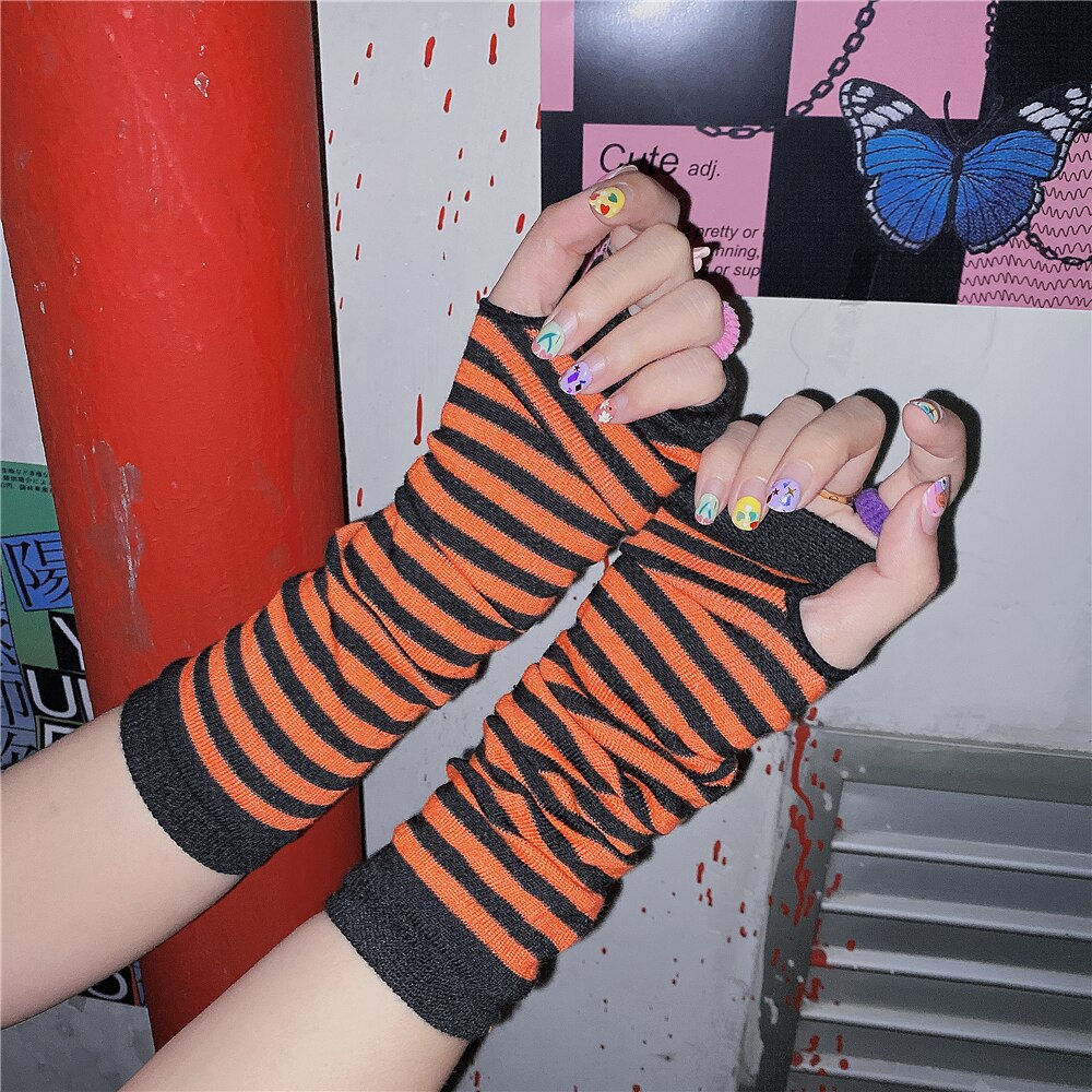 Gant gothique Harajuku Punk Style Rose rouge rayé, mi-doigt Long, 9 couleurs, gants longs pour filles, Streetwear: 8