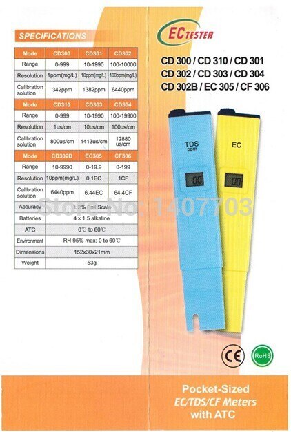 Pen conductivity meter, digital pocket ec meter EC305 0-19.9 ms/cm