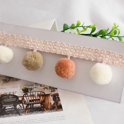 Spetsband - 3m Bomull Tassel Kant - Pompom Dekoration för Gardiner, Soffa, Duk, DIY Hantverk: S / Brun