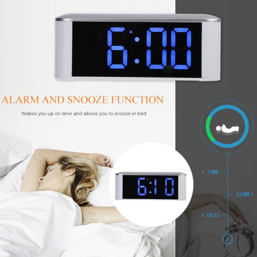 Table Desk LED Screen Mirror Digital Time Temperature Display Snooze Alarm Clock