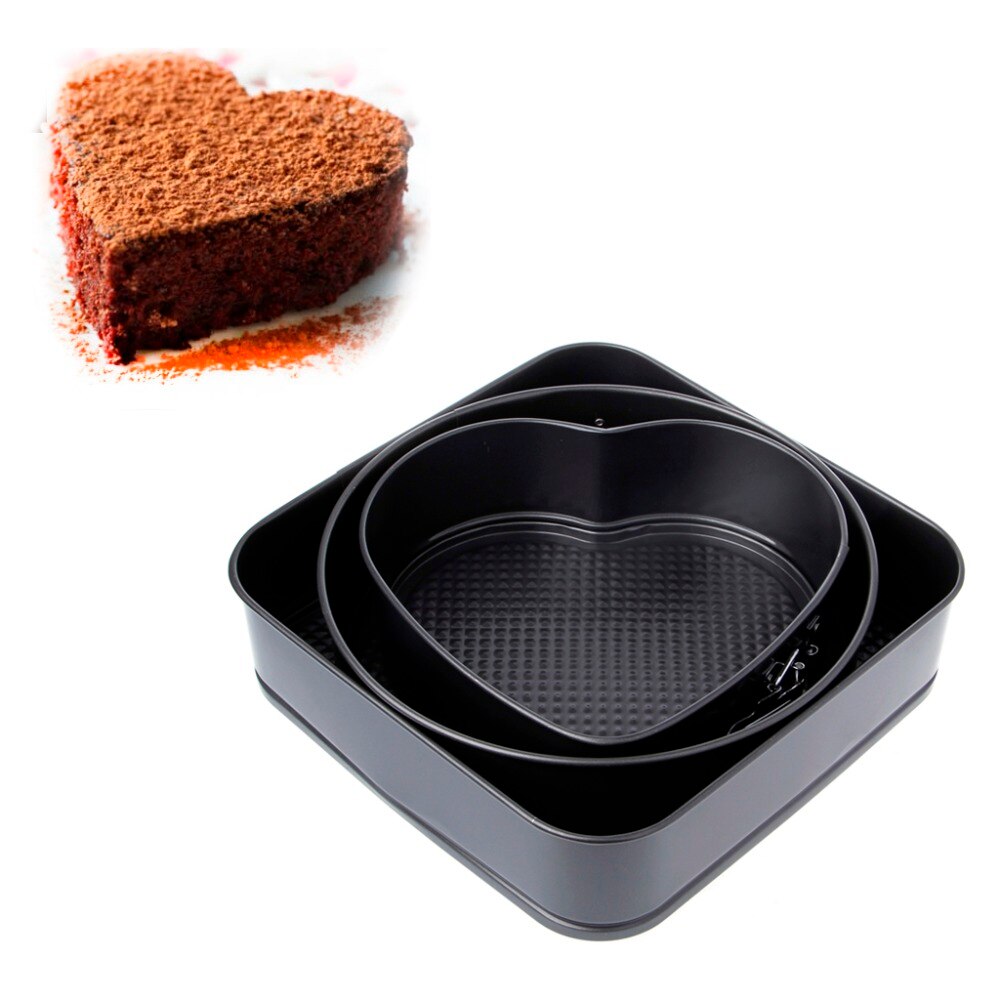 3 stk rustfritt stål hjerte / rund / firkantet springform kakebakeform ikke-pinne bakeware form matlagingsverktøy bunn spenner