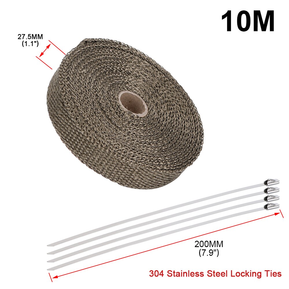5M/10M/15M Motorcycle Exhaust Thermal Tape Header Heat Wrap Manifold Insulation Roll Resistant with Stainless Ties: 2.5cm 10M Titanium