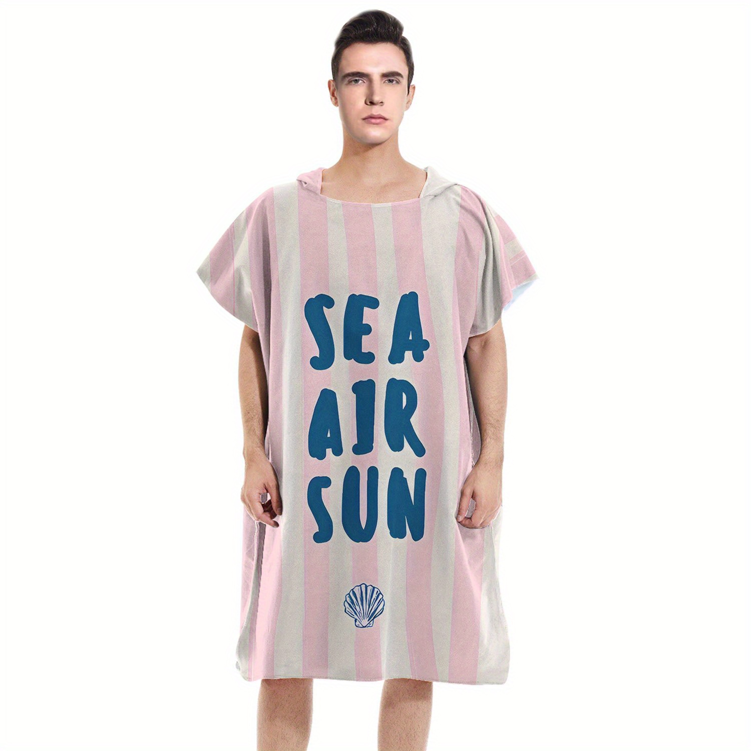 1 Stück "Meer Luft Sonne" Surfen-Poncho-Handtuch, Polyester-Umziehrobe mit Kapuze für Höhle Strand, Rosa-Weiß gestreifter Badeponcho, für Erwachsene und freundlicher