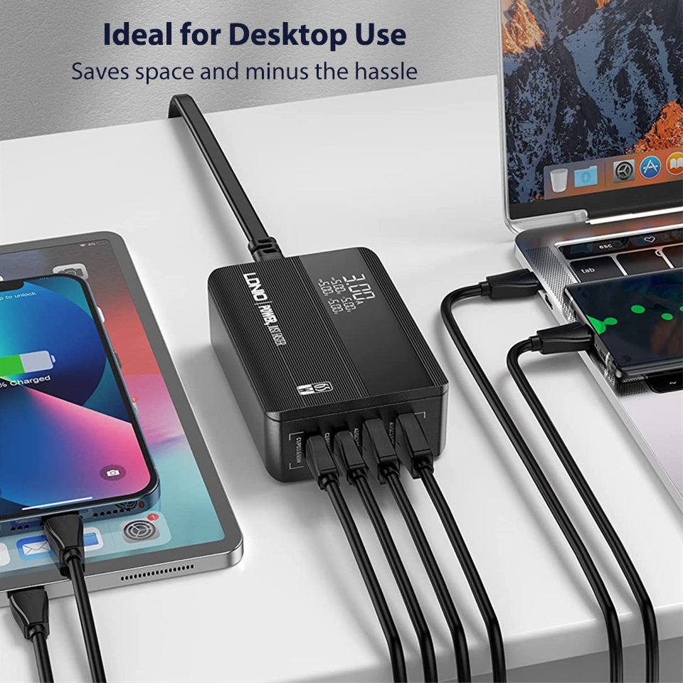 LDNIO 65W Chargeur USB PD QC4.0 4 Ports Type C pour Iphone 15 13 Pro Max Samsung Xiaomi 14 Ordinateur portable Pad Macbook Chargeur de téléphone portable
