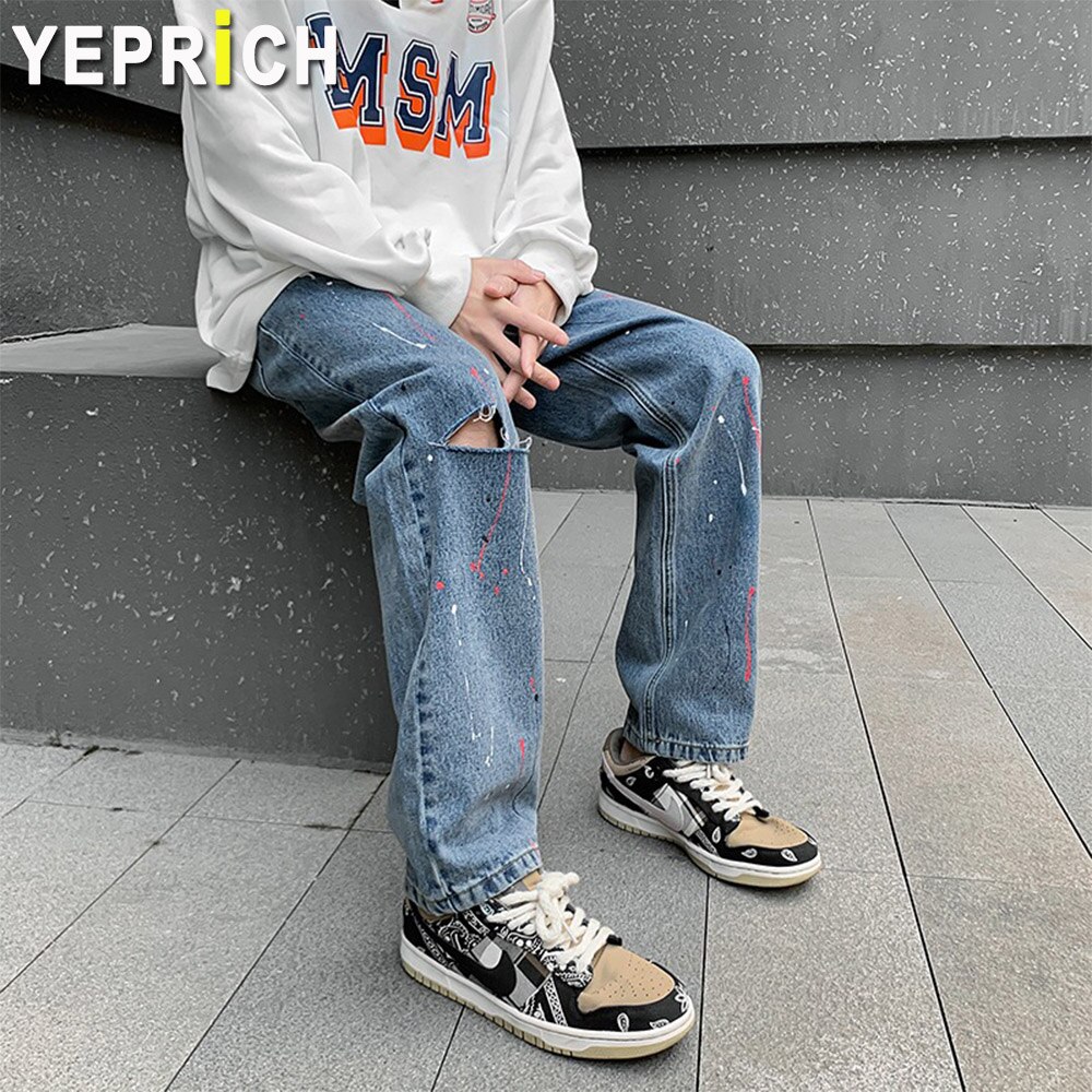 Ripped Jeans Hole Japanese Style Hip Hop High Street Straight Pants Casual Loose Long Trouser Men Chic Clothing