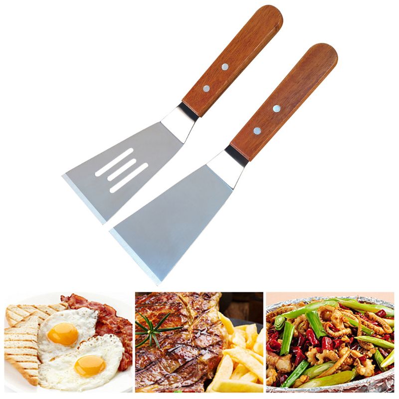 2 unids/set de pala para fritos de acero inoxidable con fugas, espátula para masa de Pizza, pala para cortar con mango de madera, herramienta para hornear