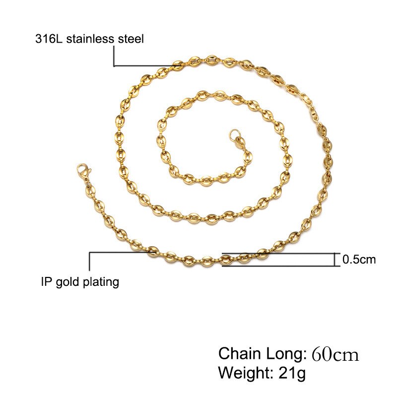 Kemstone 5mm rustfrit stål forgyldt sølvbelagte kaffebønner form kæde armbånd halskæde smykker til mænd: Guld halskæde