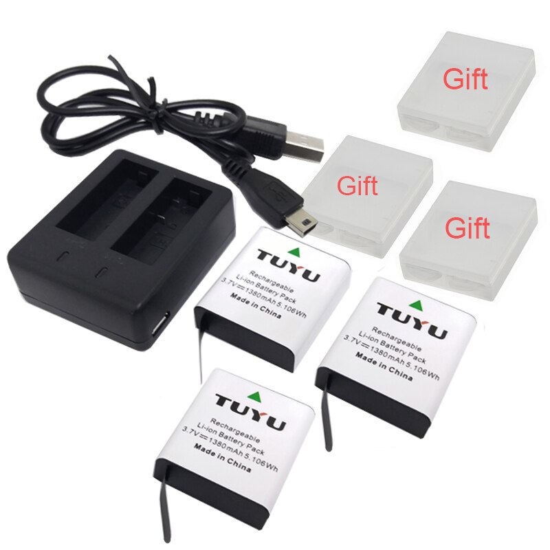 TUYU Batterie D&#39;action Caméra pour EKEN H9 H9R H6S H5S + SJCAM SJ4000 Sj5000 SJ7000 SooCoo F68 C90 c30 C50 gitup2 EK7000 Courageux 4 V50x: 3 battery x Charger