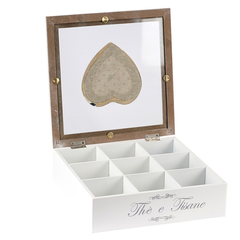 Wooden Tea Organizer for Tea Bags - Wooden Tea Chest with 9 Compartments - Clear Top Window - Lid Stays Open