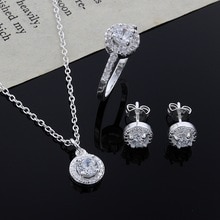 Christmas noble silver women classic shiny crystal CZ necklace earring ring color jewelry Set