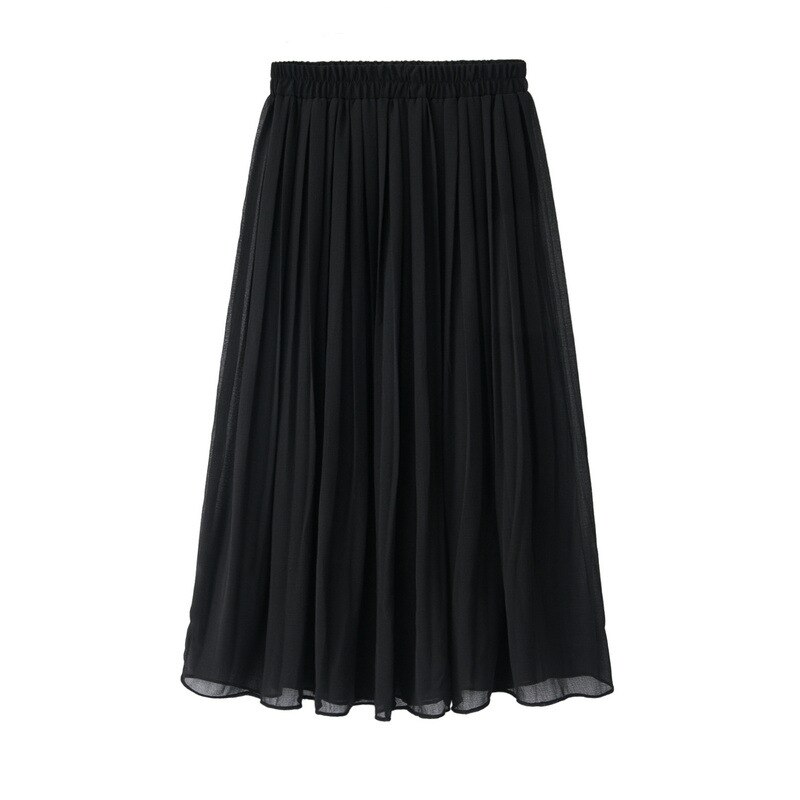 Spring and Summer Skirt College Wind High Waist Chiffon Pleated Skirt Elastic Waist Pleated Midi Long Skirt: Black